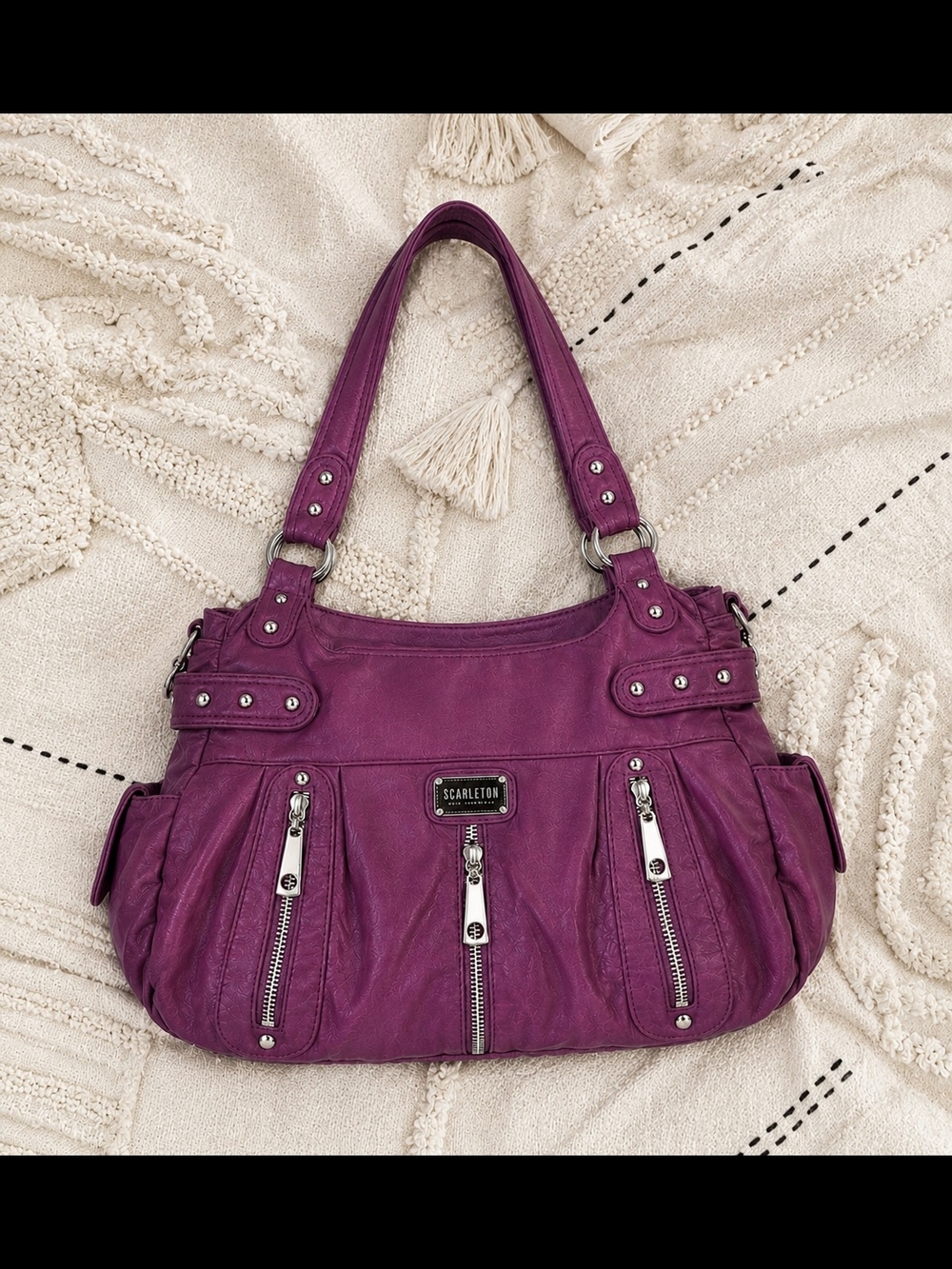 Plum Shoulder Bag with Front Zip Detail